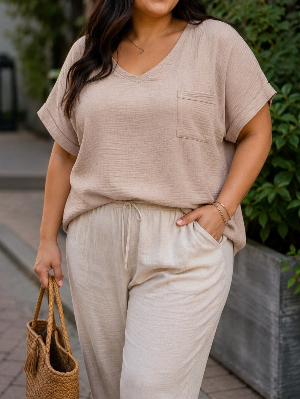 NWT Papa Vancouver 100% Cotton Tan Gauze V-Neck Pocket Top Plus Size Boho Casual